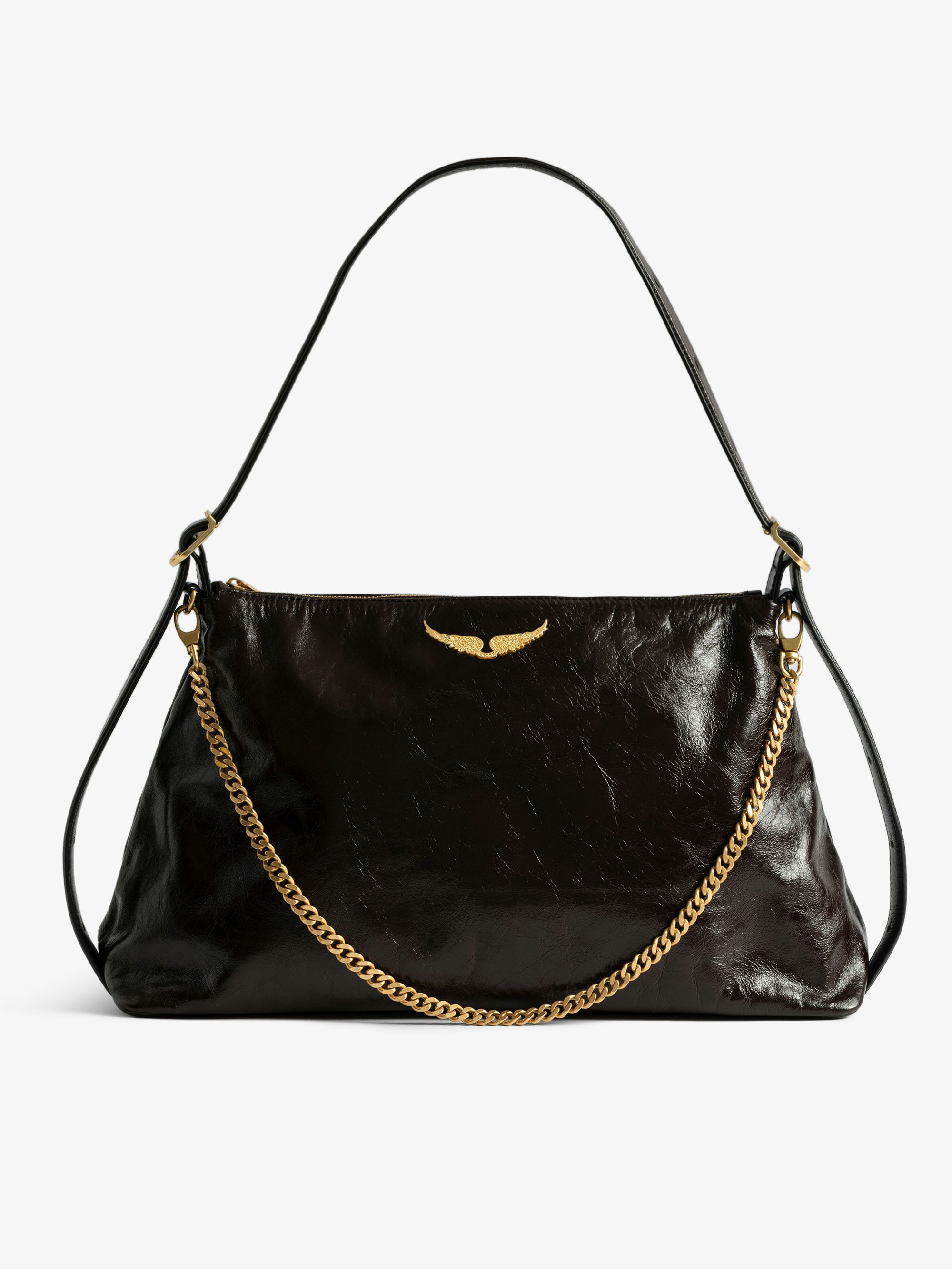 Jim Vintage Patent Bag - Soft leather bag with vintage effect adorned with a chain and a rhinestone wing.